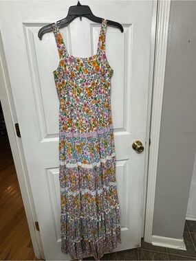 crown & ivy White Floral Tiered Maxi Dress with Pink & Yellow Flowers